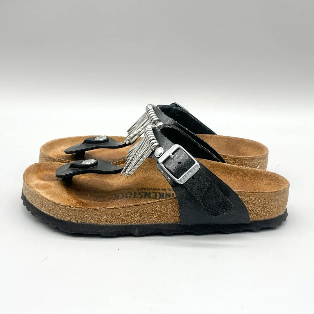 Birkenstock Womens 35 4 Gizeh Fringe Sandals Black Leather Silver Hardware Boho